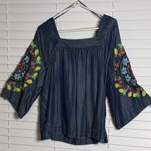Crown & Ivy Dark Blue Blouse with Colorful Embroidery